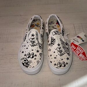Vans White Slip-On Shoes with Black Art